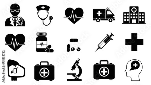 A comprehensive set of medical and healthcare icons, perfect for representing various health-related concepts and services