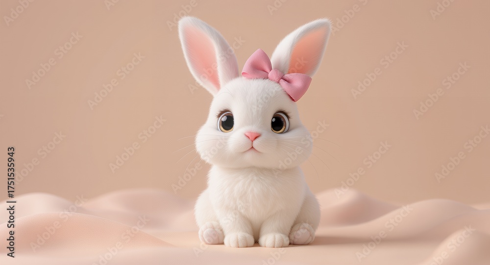 Fototapeta premium Adorably Cute Fluffy White Bunny Rabbit with Pink Bow on Pastel Background