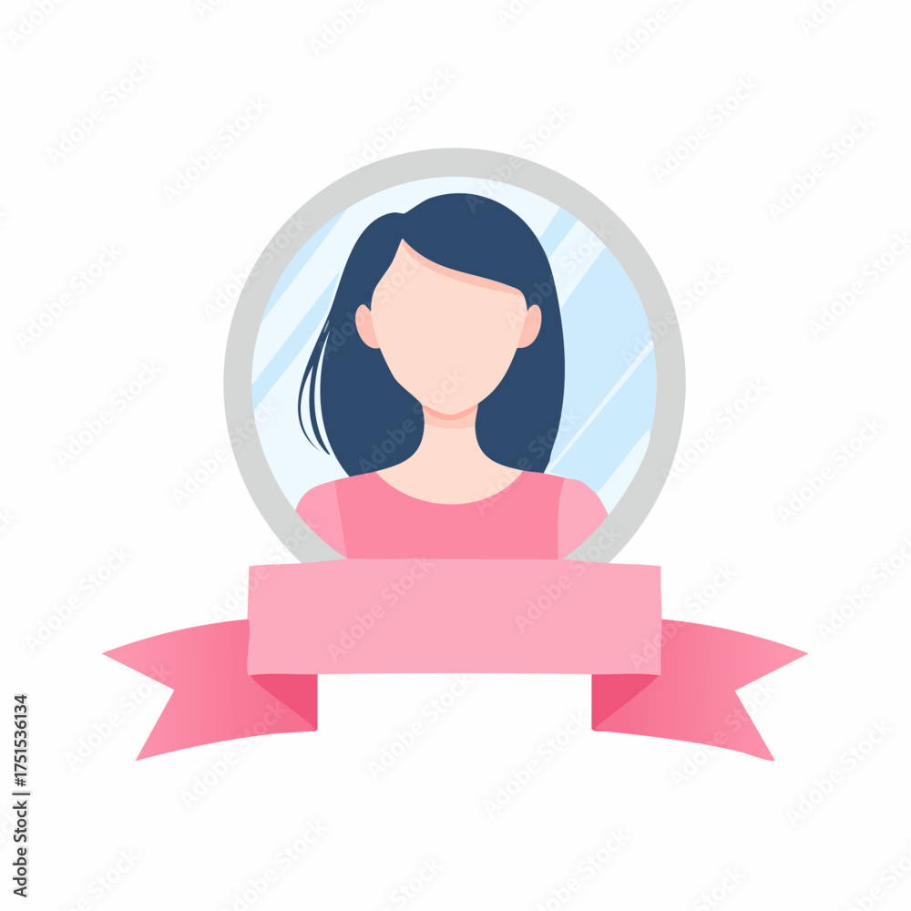 Obraz premium Female Avatar Icon with Pink Ribbon Banner - Flat Design Portrait