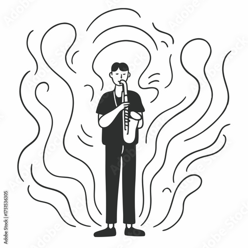 Solo saxophonist performing jazz music with captivating sound waves around him
