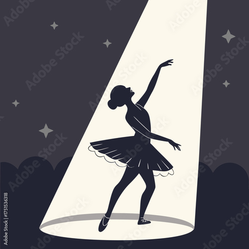 Elegant ballerina silhouette under spotlight, performing on stage with grace and style