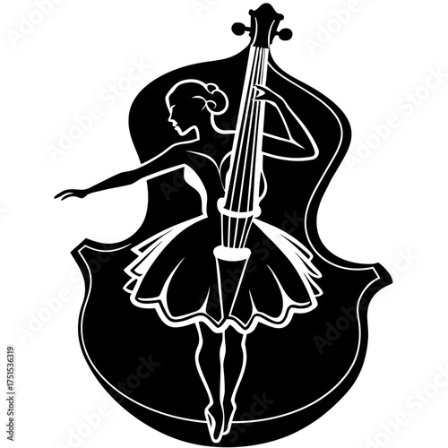 Elegant ballerina playing cello silhouette art, dance and music fusion design