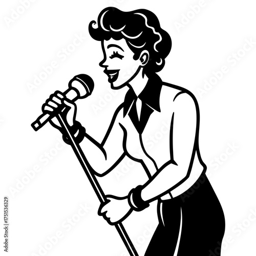 Retro singer passionately performing with microphone, vintage music concert vibe