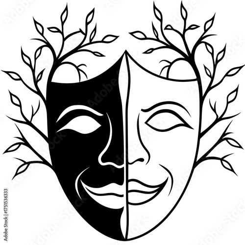 Drama masks embody opposing emotions with elegant tree branch accents design