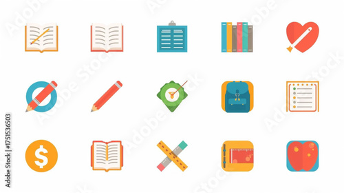 Collection of colorful educational icons, books, pencils, measuring tape, and school-related elements