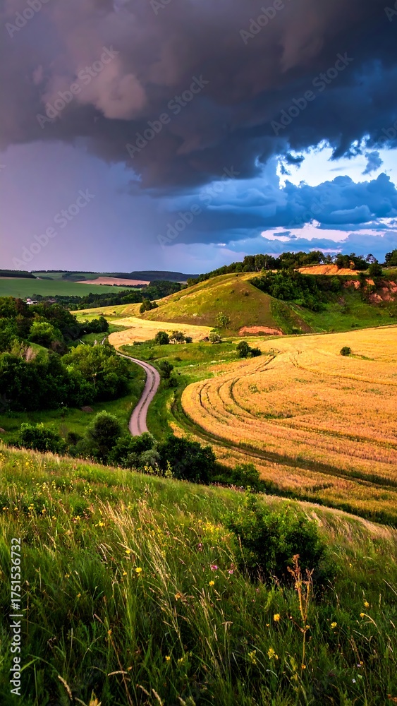 Obraz premium Rolling hills with winding road under dramatic sky