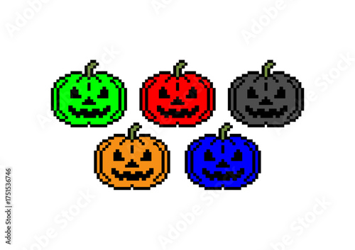 Colorful pixel art pumpkins in green, red, black, orange, and blue, each with a smiling jack-o’-lantern face, perfect for festive Halloween digital designs.