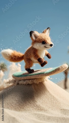 Animated fox surfing down a sand dune against a clear blue sky background