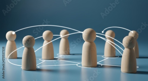Teamwork and Leadership Concept with Connected Wooden Figures on Blue Background