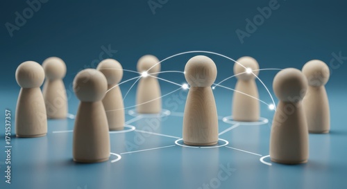 Teamwork and Leadership Concept with Connected Wooden Figures on Blue Background