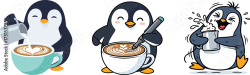 Cute Cartoon Penguin Barista Making Latte Art Coffee Vector Illustration Set