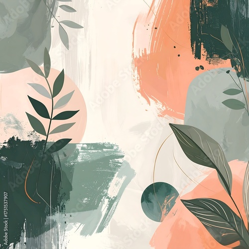 Abstract painted botanical composition with muted colors and layered shapes