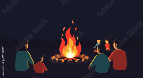 A warm flat design vector illustration showcasing a stylized bonfire with geometric flames, surrounded by simplified human figures enjoying the warmth and community of Bonfire Night. 