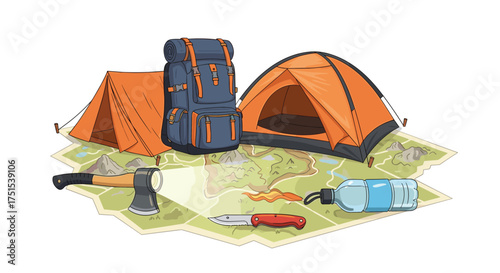 Essential gear for a successful camping adventure including tents backpack axe knife and water filter.