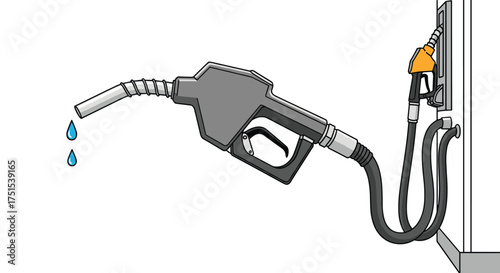 A close up view of a gas pump nozzle with fuel dripping out of its end.