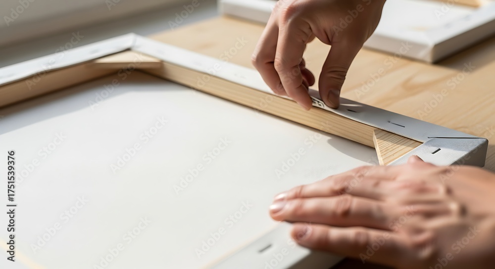Obraz premium Stretching canvas on wooden frame for painting, art creation process.