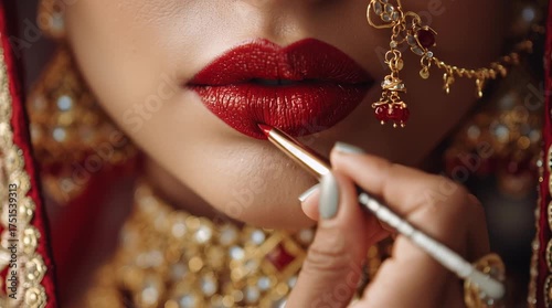 Close-up of Indian bride applying red lipstick before wedding ceremony