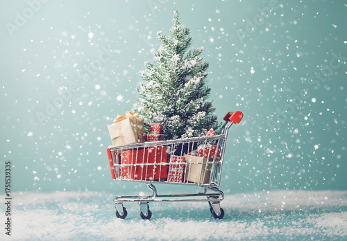 A Christmas tree in a shopping cart, surrounded by gifts, set against a light blue background.