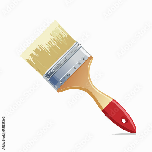 An illustration of a single paintbrush with a wooden handle and light-colored paint on the bristles, isolated on a white background.