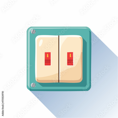 Cartoon illustration of a double light switch or circuit breaker with two beige toggles and red indicators on a teal plate.