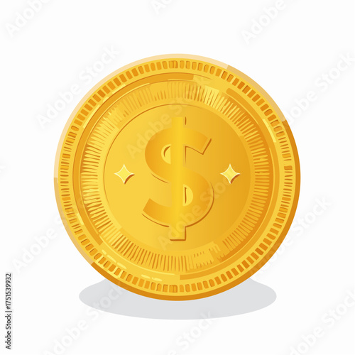 Shiny gold coin with a dollar sign symbol isolated on a white background.