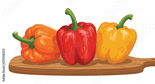 Three colorful bell peppers arranged on a wooden cutting board.