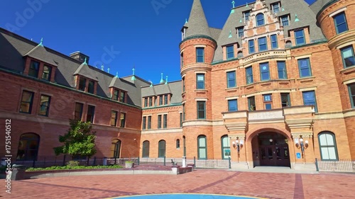 A scenic view of the historic, castle-like Stadium High School, a majestic landmark overlooking Commencement Bay in Tacoma, Washington