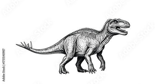 An artistic depiction of a terrestrial dinosaur walking with its mouth open and tail extended.