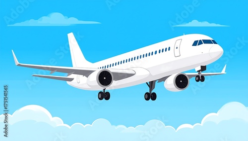 White passenger jet illustrated flying in blue sky