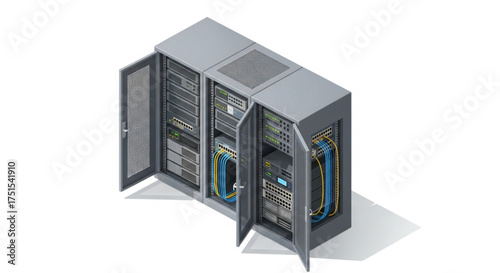 Isometric server rack cabinet with open doors data center equipment telecommunication server hardware vector illustration