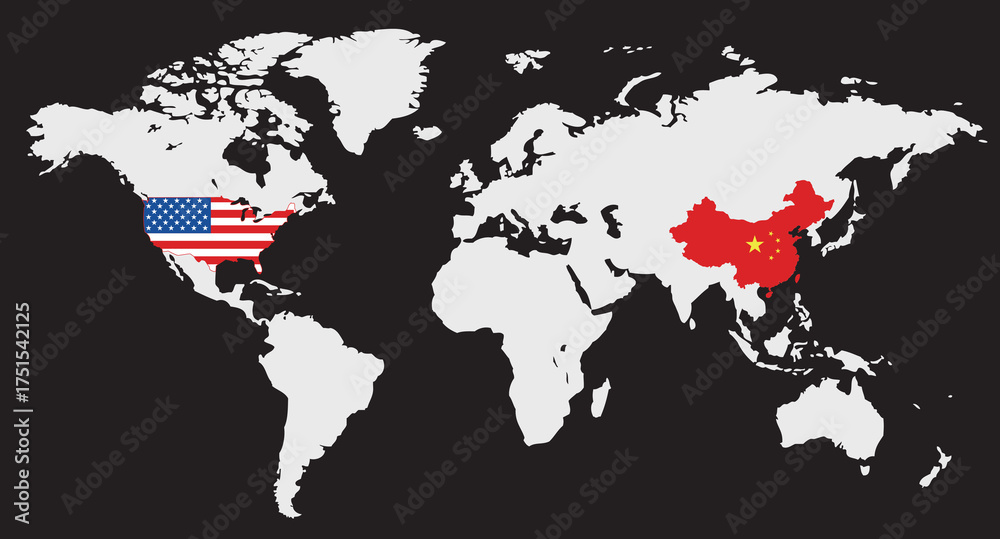 Obraz premium A world map shows the United States in red and China in red, clearly marking their locations. The map emphasizes their significance in global affairs.