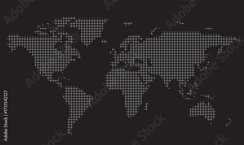 This design features a simple, straight line vector map of the world presented on a dark background. It can be used for graphics, presentations, and educational materials.