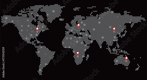 This visual displays a world map formed by dots, illustrating airline connections with uppercase letters and numbers highlighted for clarity and emphasis.