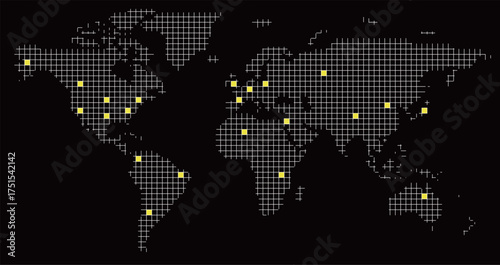 A basic straight line map of the world is shown with grid lines, featuring yellow squares marking specific locations for easy identification and navigation.