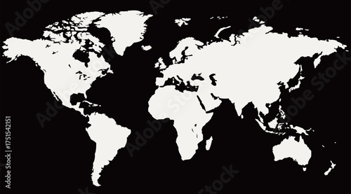 A world map displays continents and countries in white on a solid black background. The continents are clearly defined and labeled, showcasing geographic layout.