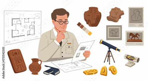 Archaeologist studying ancient artifacts and blueprints, surrounded by historical pottery, sculptures, and research tools, representing exploration, discovery, and heritage preservation.