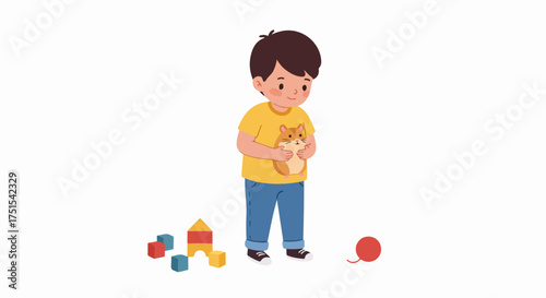 Adorable young boy happily holding his pet hamster, surrounded by colorful building blocks and a red ball, on a clean white background.
