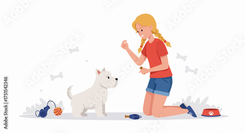 Cheerful blonde girl kneeling and training her cute white Westie dog with a treat, surrounded by playful dog toys and bones on a white background.