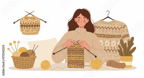 Young Woman Knitting a Cozy Winter Sweater at Home, Surrounded by Yarn and Crafting Supplies, Embracing a Relaxing DIY Hobby.