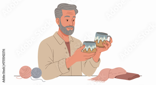 Bearded senior man holds handmade ceramic mugs, surrounded by knitting yarn and cozy textiles, celebrating creative hobbies and mindful leisure activities.