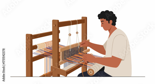 Artisan weaving colorful fabric on a traditional wooden loom. A focused person crafting textiles with skill and dedication, showcasing handmade craft and cultural heritage.
