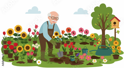 Happy senior man planting colorful flowers in his vibrant garden, enjoying a fulfilling retirement hobby.