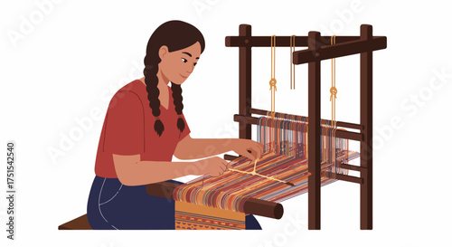 Artisan Woman Weaving Colorful Textile on a Traditional Loom, Showcasing Ancient Craftsmanship and Handiwork with Vibrant Threads.