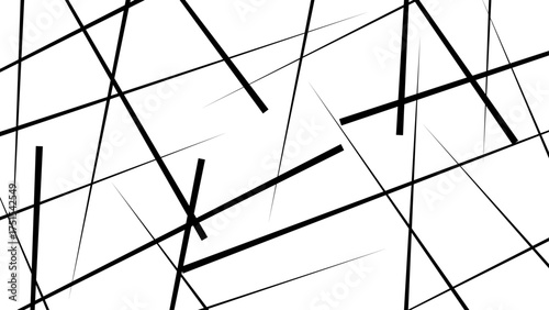 Abstract white background with random black lines, Random chaotic lines abstract geometric pattern.