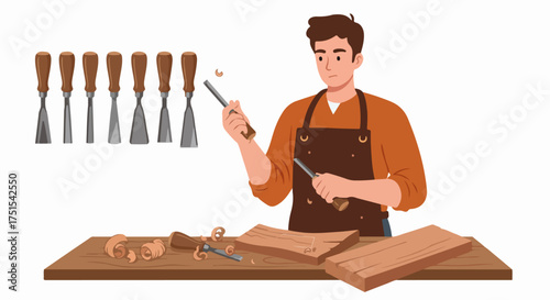 Young male woodworker meticulously shaping wood with traditional chisels, showcasing craftsmanship and woodworking skills at a professional workbench.