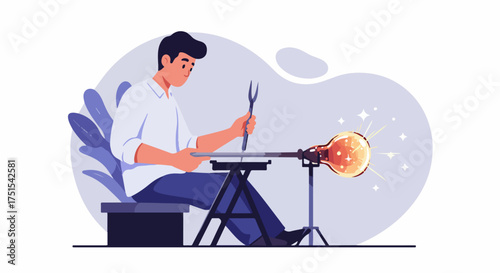 Glassblower crafting a glowing light bulb, symbolizing creativity, innovation, and artistic craftsmanship in a workshop setting.
