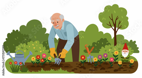 Elderly man gardening with colorful flowers and a garden gnome, enjoying his outdoor hobby in a vibrant setting.