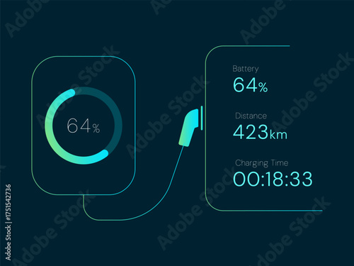 Electric Vehicle battery charging Dashboard UI with Minimalist EV wall chager outline style and data battery charging vector design concept. Battery charging dashboard for ui, ev car, infographic, web
