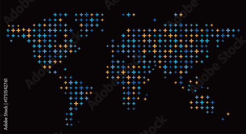 This visual displays a world map featuring multiple small blue and yellow dots. The dots create an intriguing cross pattern scattered across a white map.