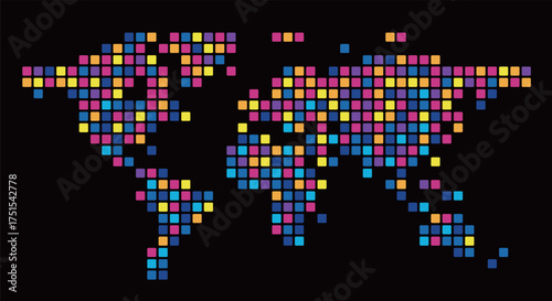 Colorful mosaic dots create a vivid representation of the world map. The bright colors form distinct patterns, showing continents and oceans in a playful way.